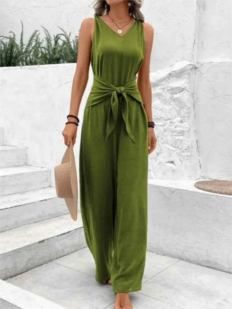 Fashion Solid Jumpsuit For Women Casual Sleeveless V Neck Lace-Up Wide Leg Pants Jumpsuits Lady Summer Holiday Womens Clothing