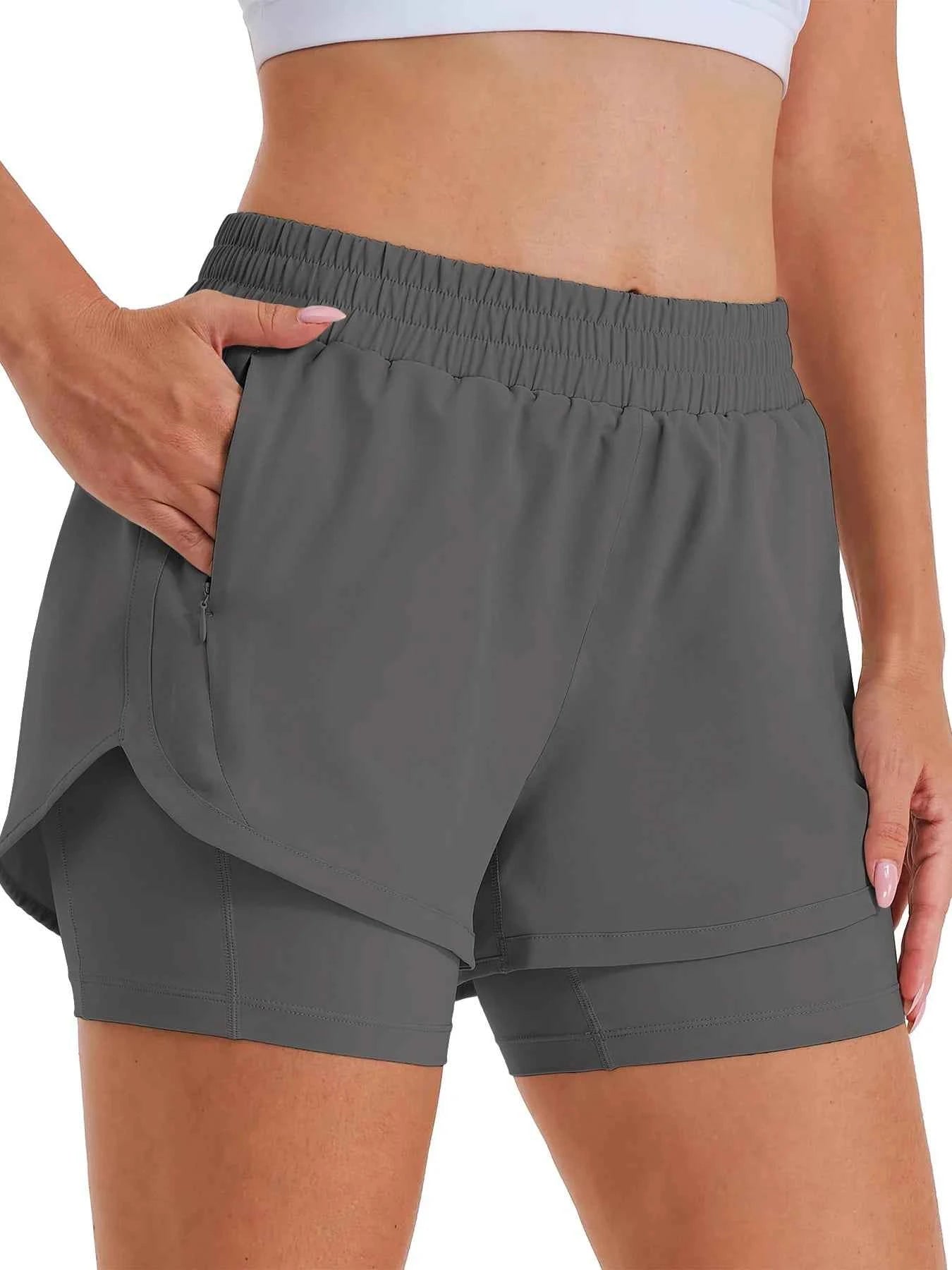Women's 2-in-1 Casual Sports Shorts Running Shorts High Waist Sports Gym Sports Shorts with Lined Zipper Pockets