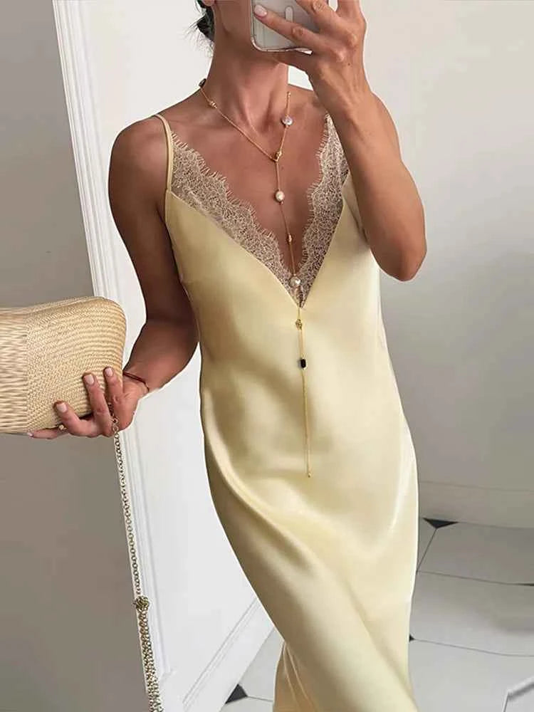 Elegant Lace Satin Spliced Women's Summer Dress Loose V-neck Sleeveless Backless Long Sundress 2026 Lady Chic Beach Party Robes