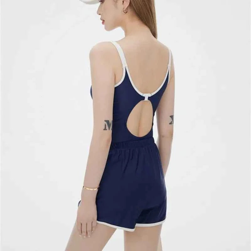 Sports Navy Blue Two-piece Swimsuit Set with Suspenders and High Waisted Shorts Suitable for Beach Swimming Pool Training