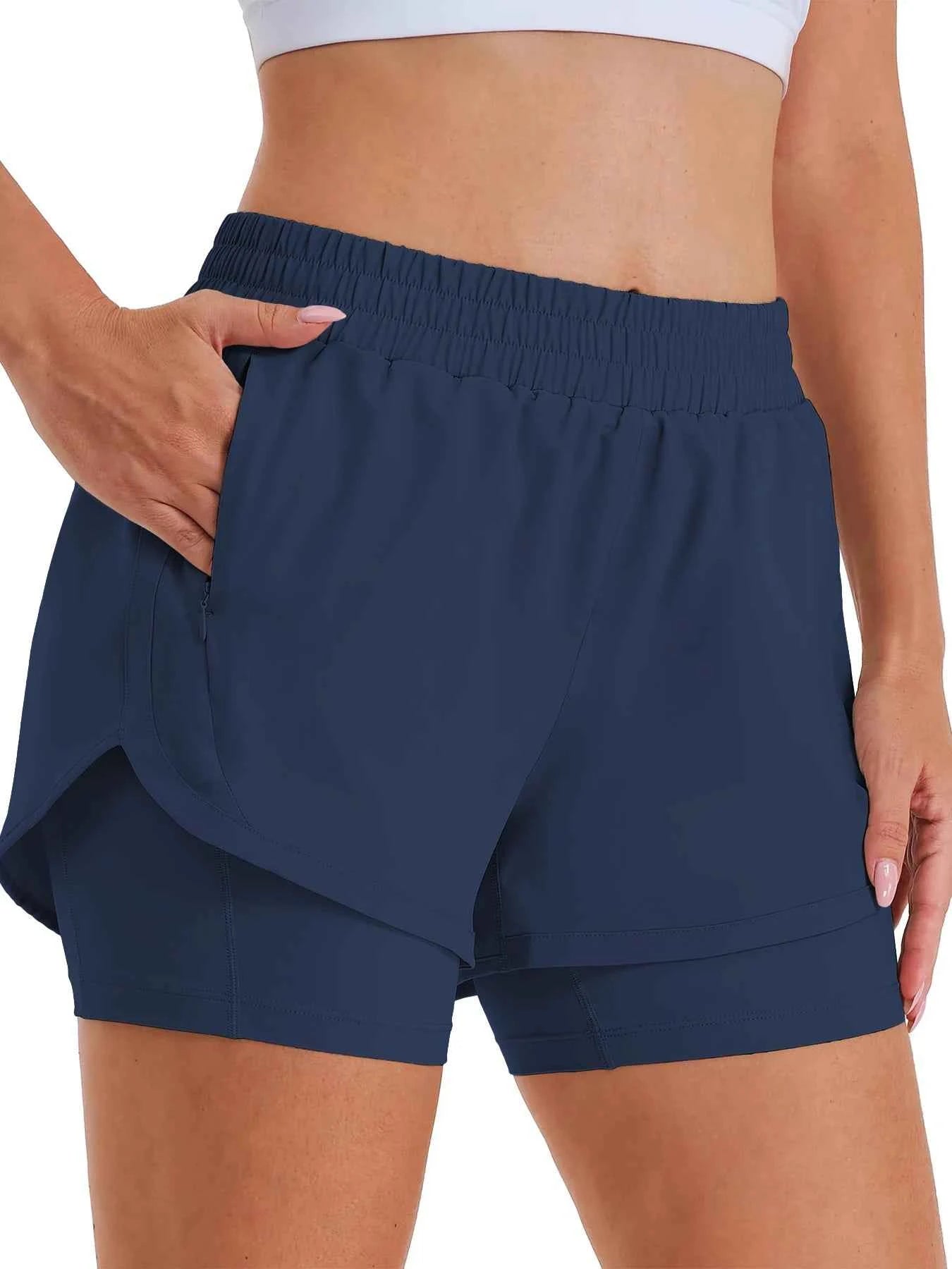 Women's 2-in-1 Casual Sports Shorts Running Shorts High Waist Sports Gym Sports Shorts with Lined Zipper Pockets