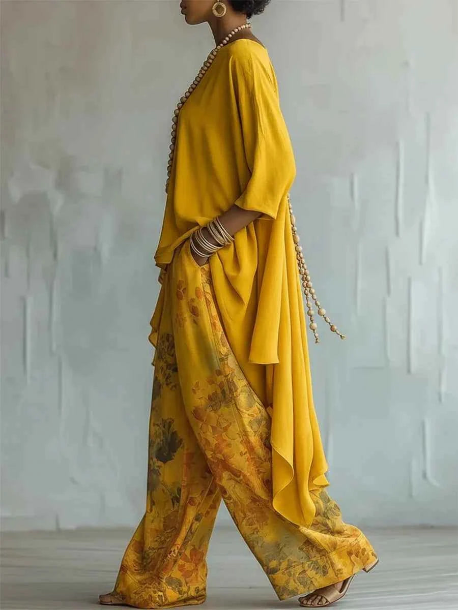 Casual Two Piece Set Loose O-neck 3/4 Sleeve Irregular Solid Color Extended Top Printed Wide Leg Pants Suit Fashion Commuting