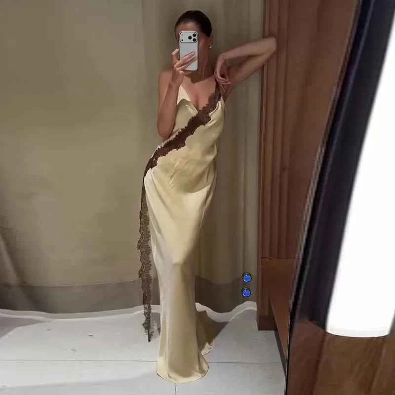 Elegant Lace Satin Spliced Women's Summer Dress Loose V-neck Sleeveless Backless Long Sundress 2026 Lady Chic Beach Party Robes