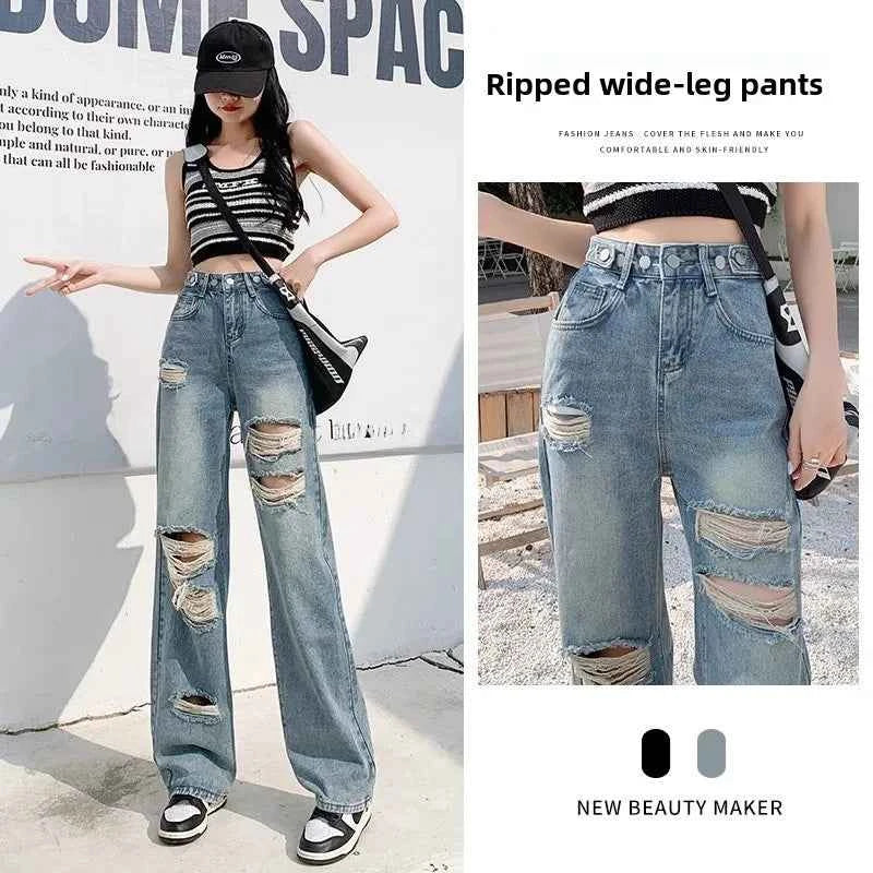 Trendy Ripped Straight Leg Jeans Women's Spring Summer High Waist Loose Wide Leg Pants Slimming Design Casual Denim Jeans