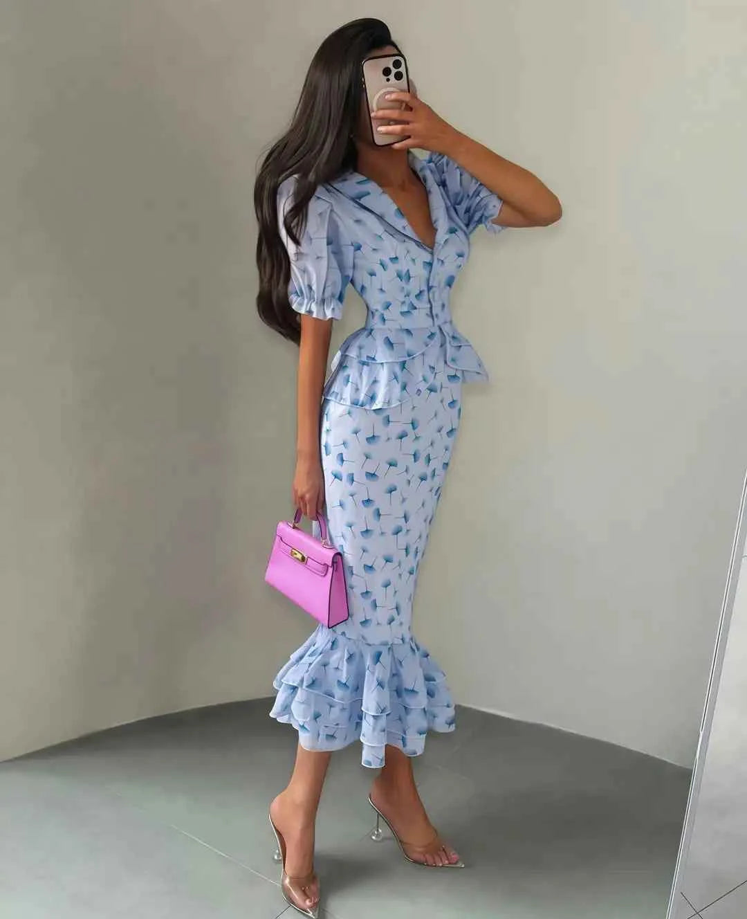 Printed V-neck Waist Cinched Pleated Dress Lapel Short Sleeve High Waisted Maxi Dresses Elegant Women's Summer New Vestidos