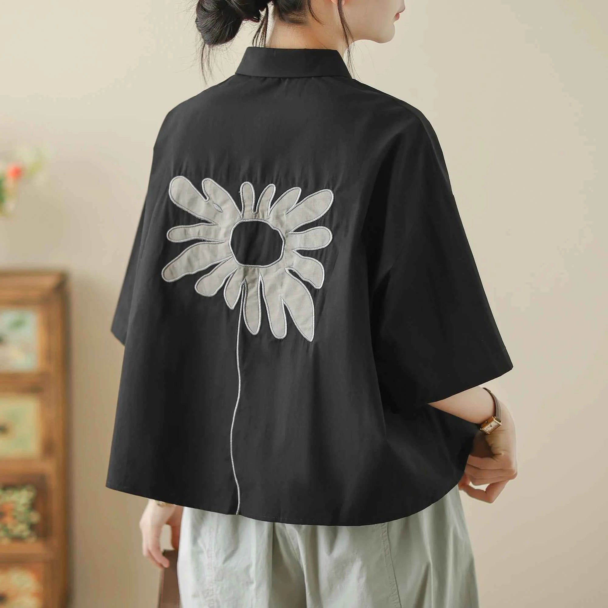 High-End Korean Japanese Artistic ort Sve Cotton Linen Embroidered irt Summer Wear Pear ape Fitting Women's Top
