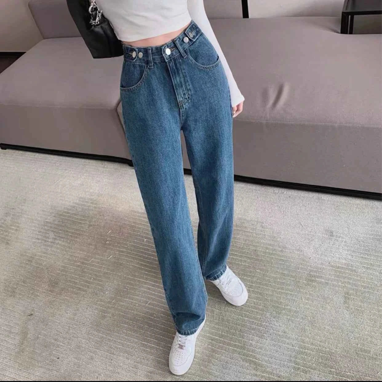 Trendy Ripped Straight Leg Jeans Women's Spring Summer High Waist Loose Wide Leg Pants Slimming Design Casual Denim Jeans