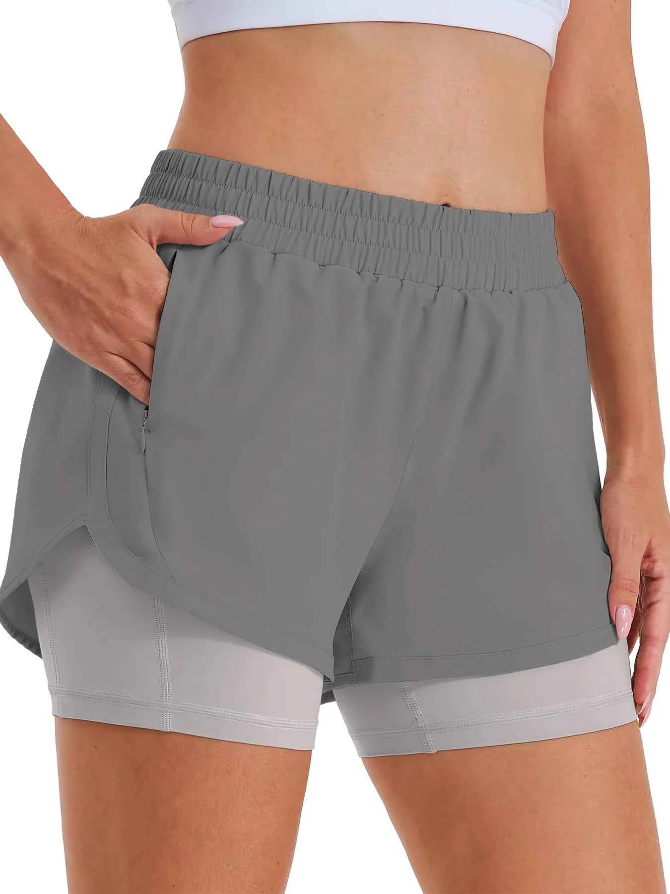 Women's 2-in-1 Casual Sports Shorts Running Shorts High Waist Sports Gym Sports Shorts with Lined Zipper Pockets