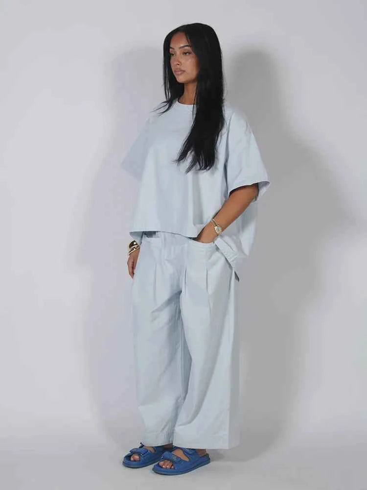  Loose Denim 2 Piece Sets Women Outfit Oversize O-neck Half Sleeve Top Wide Leg Pant Suit 2026 Summer Casual Lady Matching Set