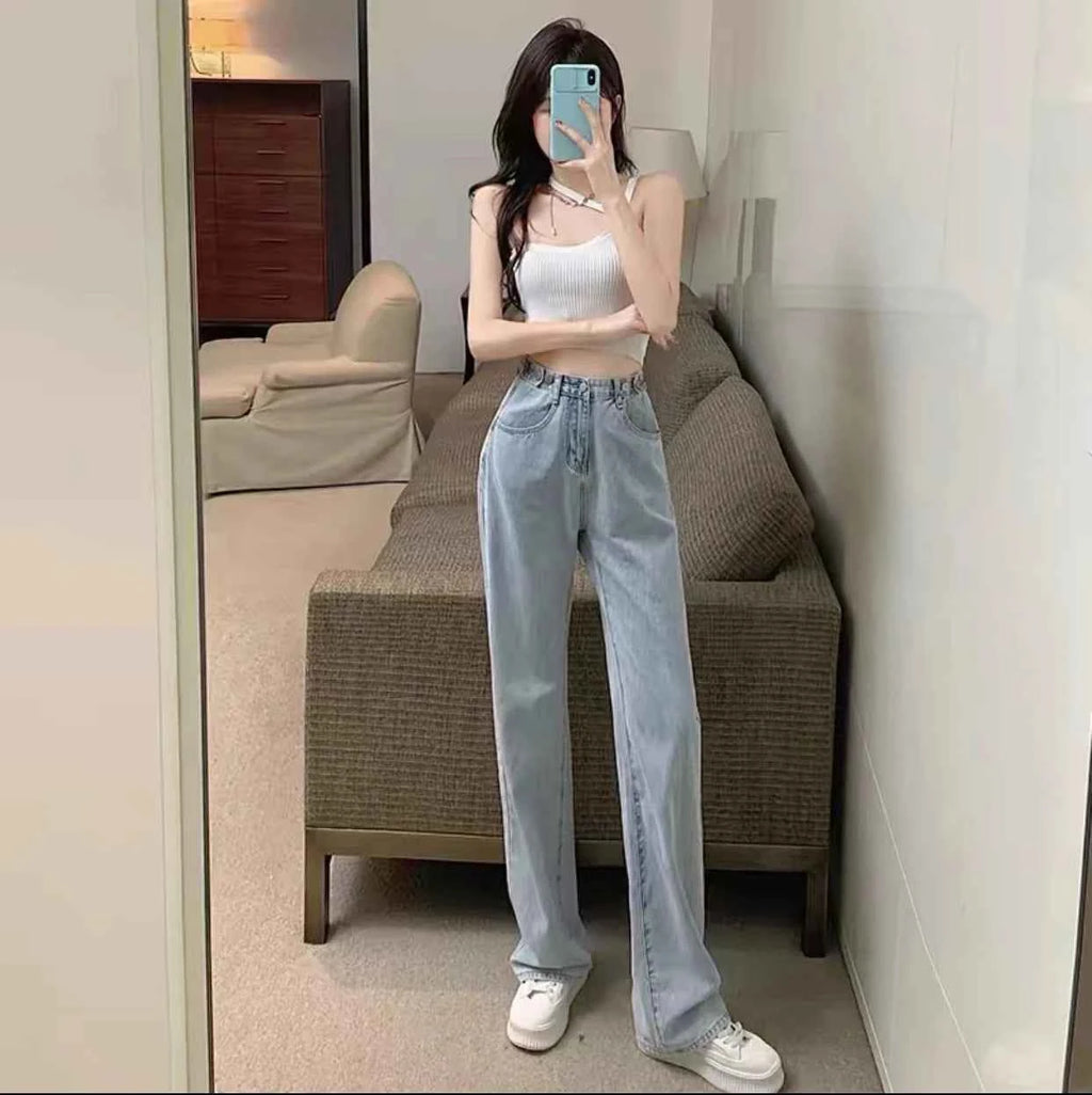 Trendy Ripped Straight Leg Jeans Women's Spring Summer High Waist Loose Wide Leg Pants Slimming Design Casual Denim Jeans