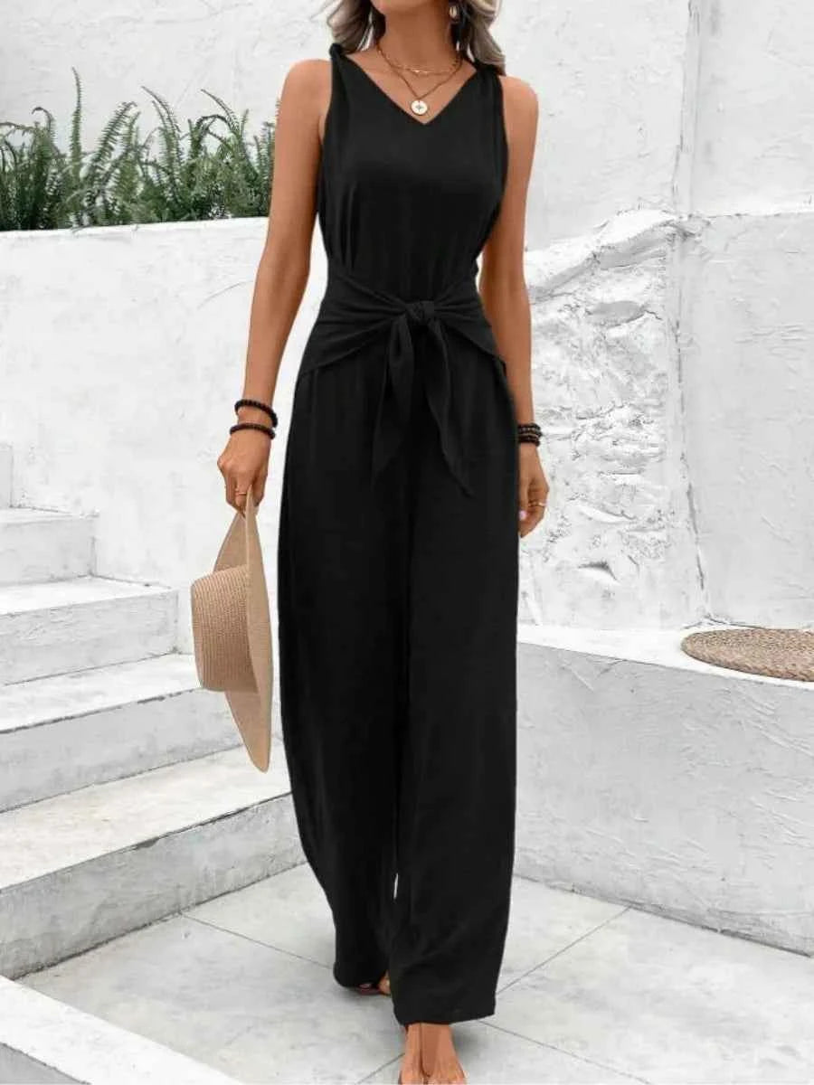 Fashion Solid Jumpsuit For Women Casual Sleeveless V Neck Lace-Up Wide Leg Pants Jumpsuits Lady Summer Holiday Womens Clothing