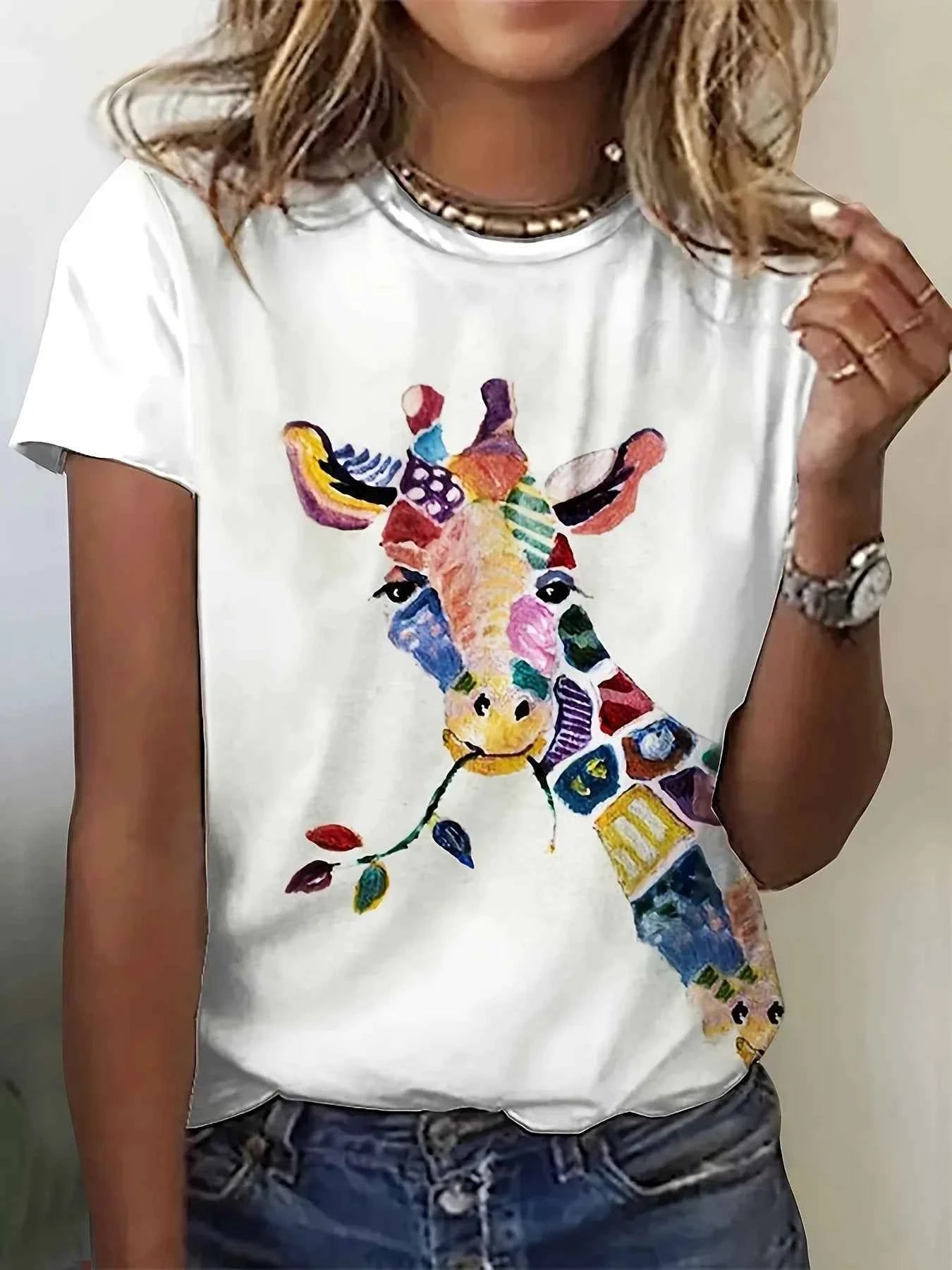 Colorful Abstract Giraffe Women's Tee - Vibrant Patterned Graphic, Artistic Animal Print for Casual Daily Wear
