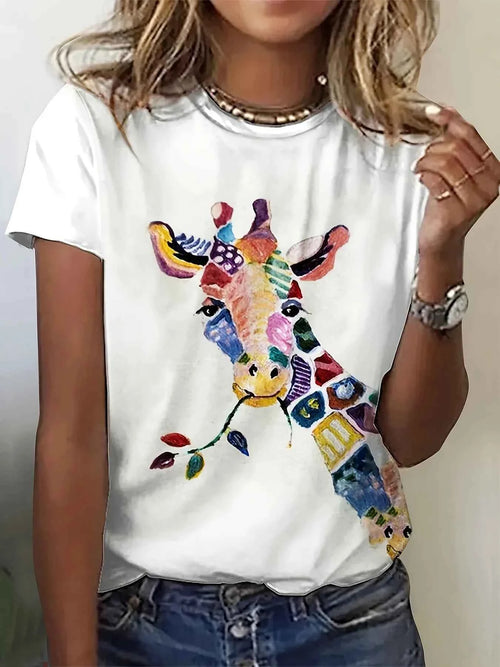 Colorful Abstract Giraffe Women's Tee - Vibrant Patterned Graphic, Artistic Animal Print for Casual Daily Wear