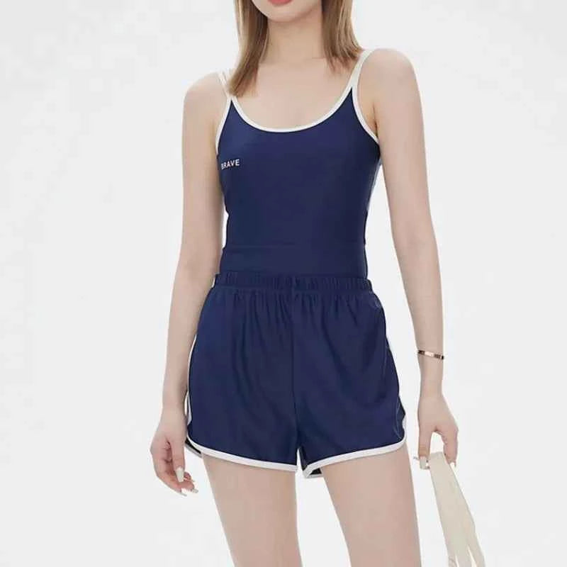 Sports Navy Blue Two-piece Swimsuit Set with Suspenders and High Waisted Shorts Suitable for Beach Swimming Pool Training