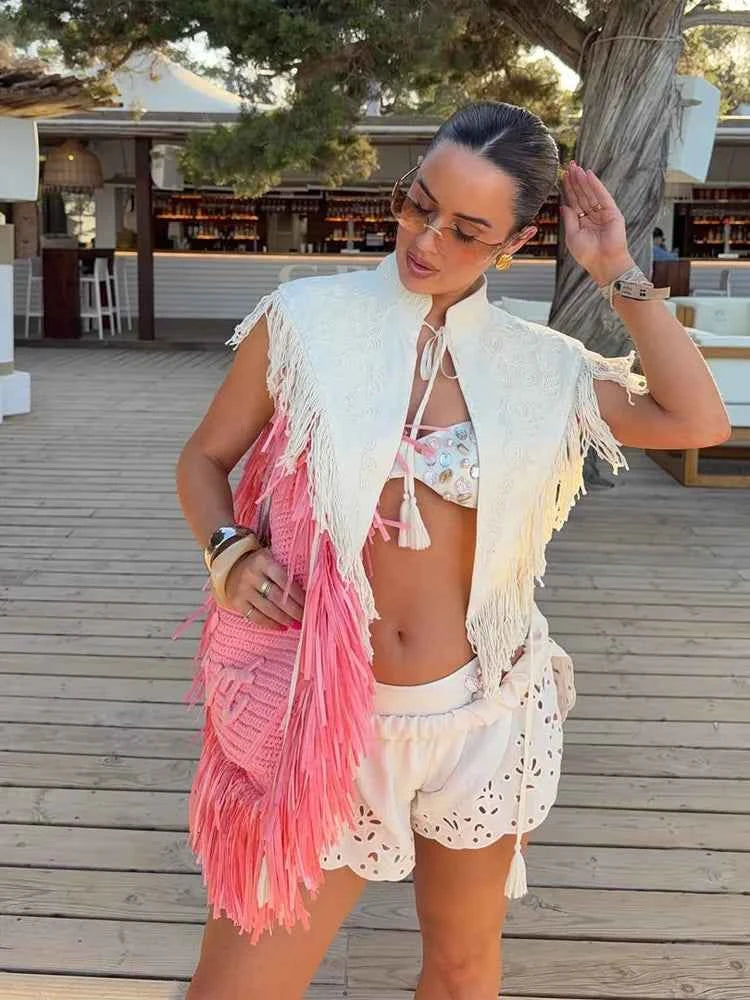 Women Solid 2 Piece Set Sleeveless Fringe Trim Triangle Wrap Crop Top Elastic Waist Bubble Mini Shorts Vacation Beach Outfit