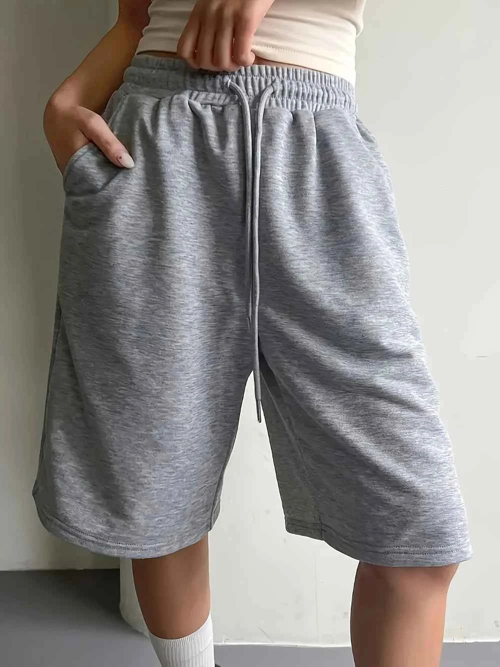 Women'S Casual Athletic Shorts Elastic Waist Wide Leg Straight Bermuda Shorts Mid-Length Loose Drawstring Shorts