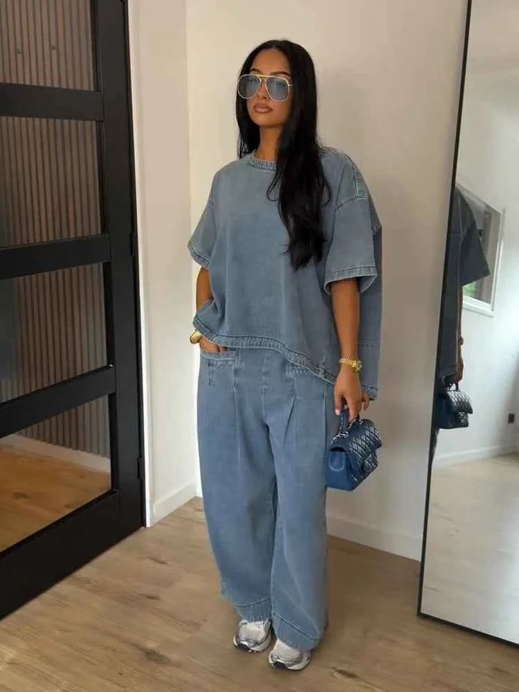  Loose Denim 2 Piece Sets Women Outfit Oversize O-neck Half Sleeve Top Wide Leg Pant Suit 2026 Summer Casual Lady Matching Set