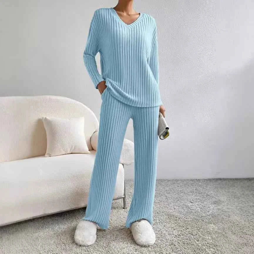 Fashionable Knitted Two-Piece Set Casual V-Neck Long Pants Autumn Winter New Style Loose Fit Korean Style Comfortable Polyester