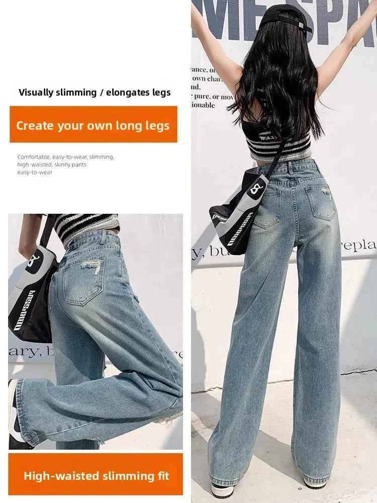 Trendy Ripped Straight Leg Jeans Women's Spring Summer High Waist Loose Wide Leg Pants Slimming Design Casual Denim Jeans