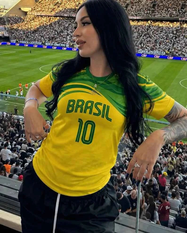 Women Brasil 00 Soccer Jersey Retro V-Neck Short Sleeve Breathable Mesh Loose Fit Y2K Streetwear Casual Football Shirt