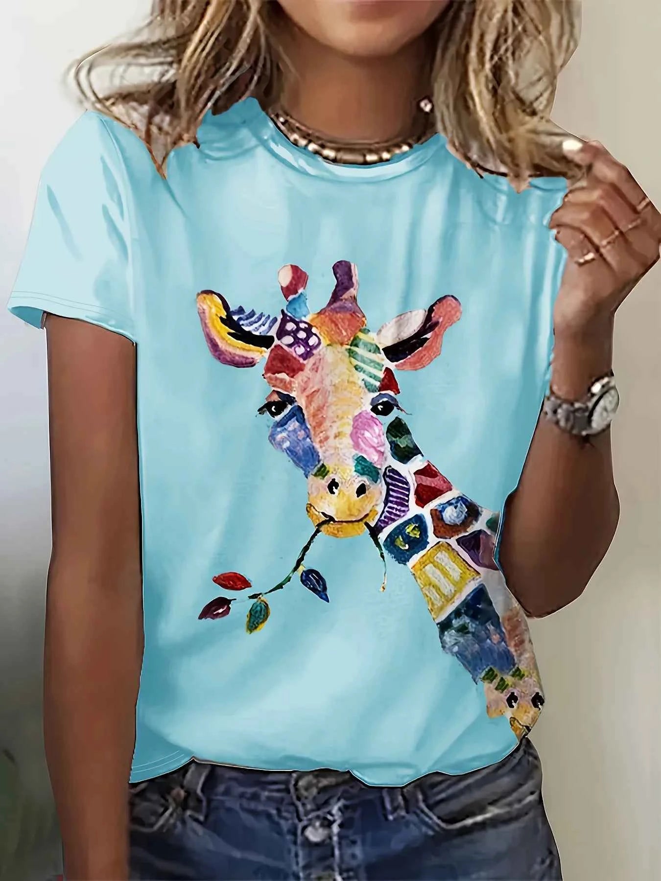 Colorful Abstract Giraffe Women's Tee - Vibrant Patterned Graphic, Artistic Animal Print for Casual Daily Wear