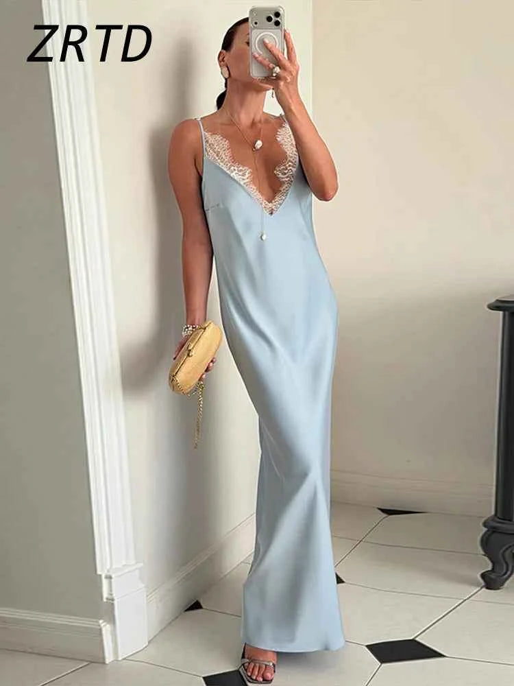 Elegant Lace Satin Spliced Women's Summer Dress Loose V-neck Sleeveless Backless Long Sundress 2026 Lady Chic Beach Party Robes