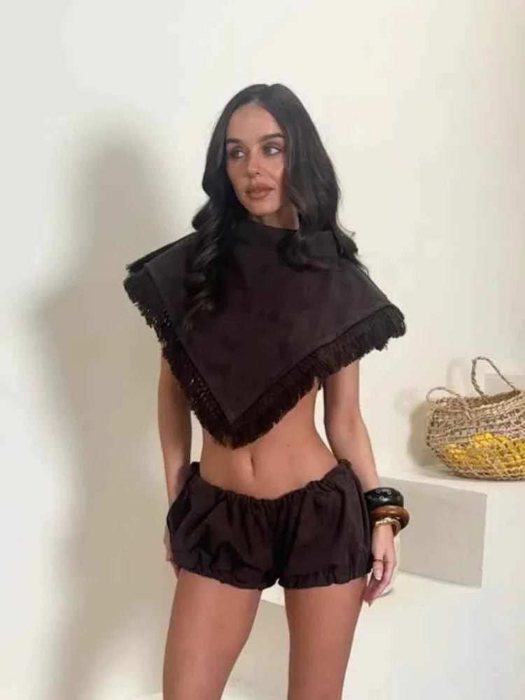Women Solid 2 Piece Set Sleeveless Fringe Trim Triangle Wrap Crop Top Elastic Waist Bubble Mini Shorts Vacation Beach Outfit