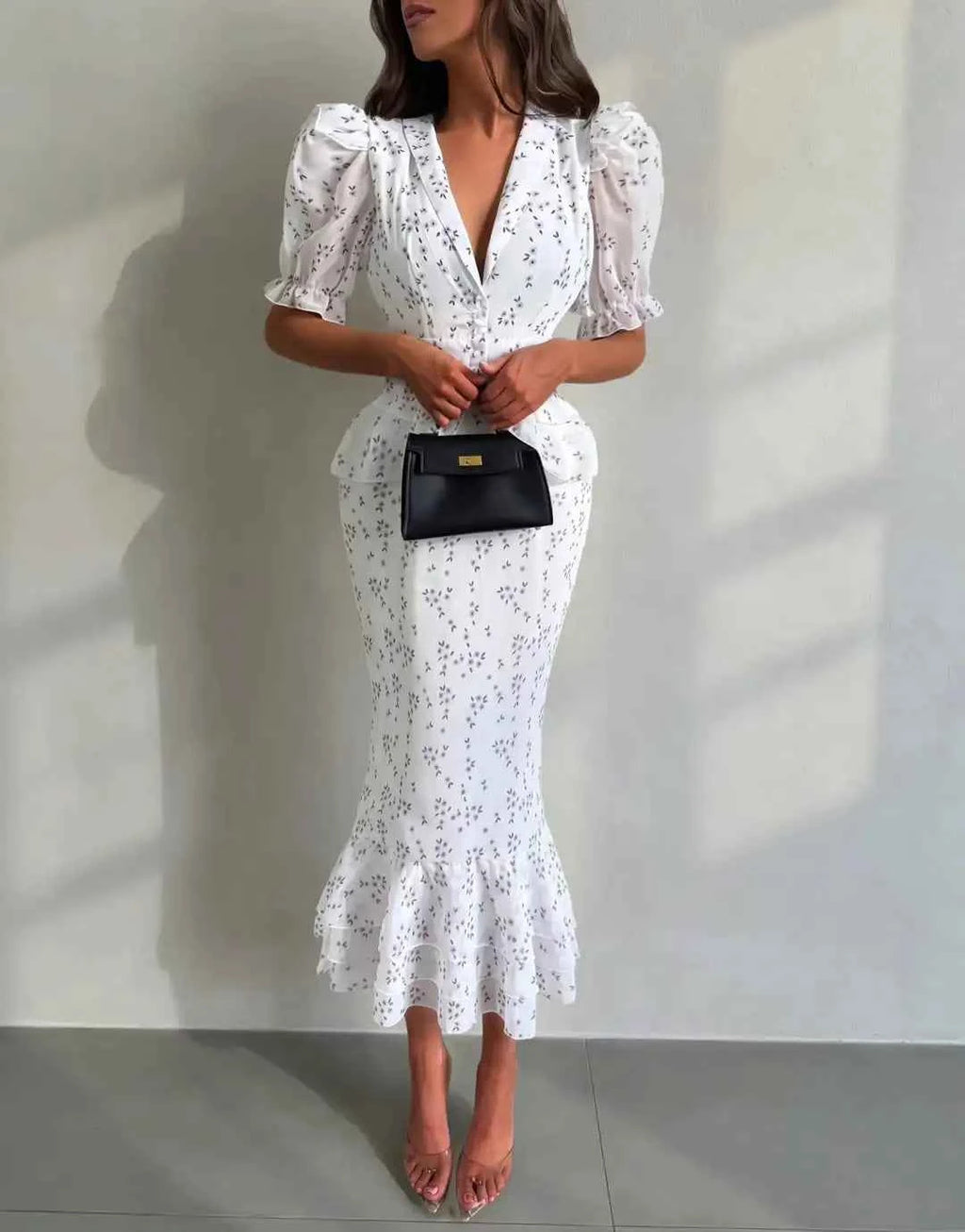 Printed V-neck Waist Cinched Pleated Dress Lapel Short Sleeve High Waisted Maxi Dresses Elegant Women's Summer New Vestidos