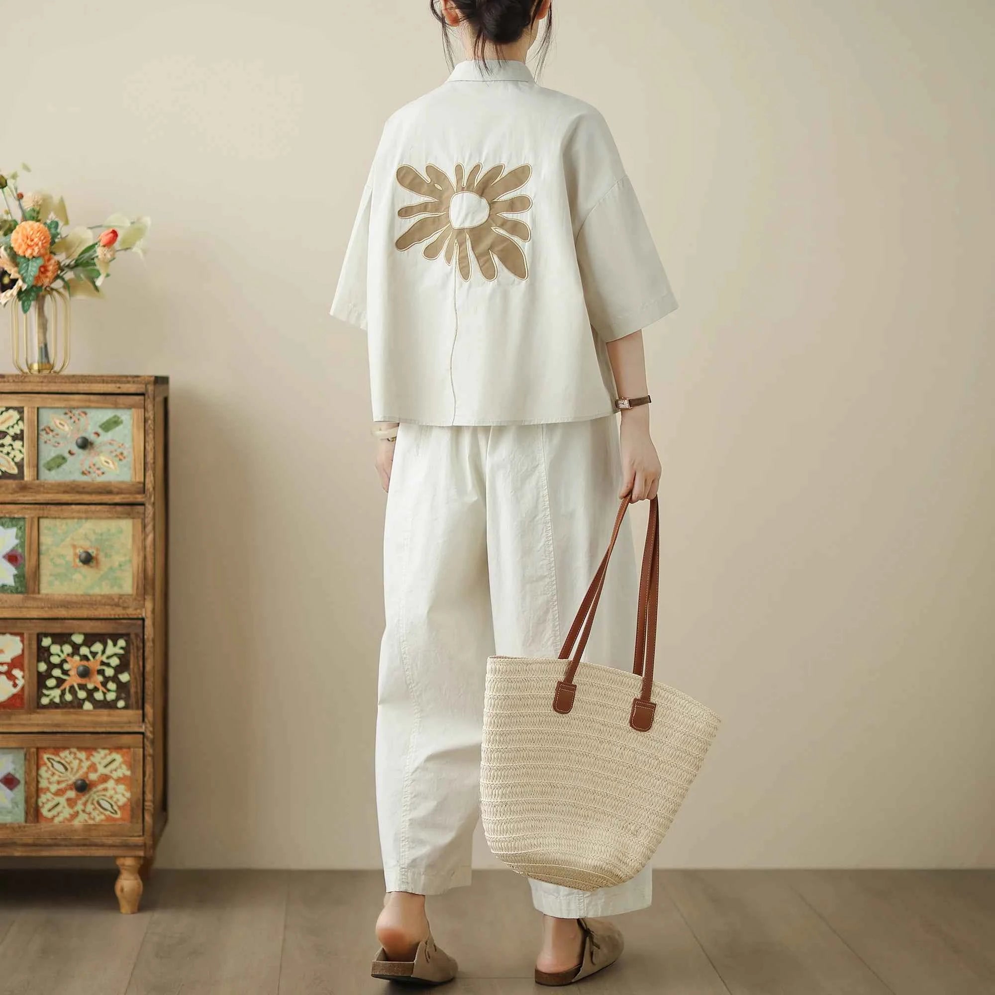 High-End Korean Japanese Artistic ort Sve Cotton Linen Embroidered irt Summer Wear Pear ape Fitting Women's Top