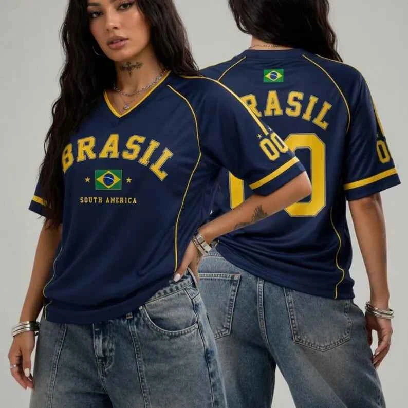 Women Brasil 00 Soccer Jersey Retro V-Neck Short Sleeve Breathable Mesh Loose Fit Y2K Streetwear Casual Football Shirt