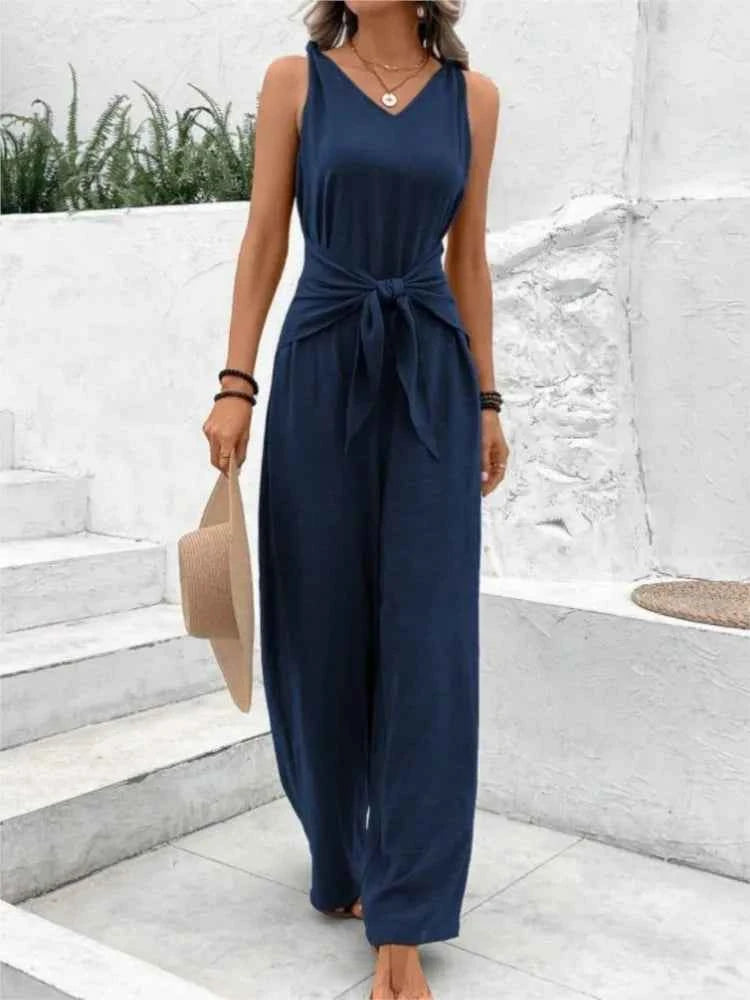 Fashion Solid Jumpsuit For Women Casual Sleeveless V Neck Lace-Up Wide Leg Pants Jumpsuits Lady Summer Holiday Womens Clothing