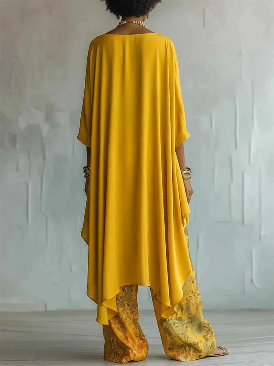 Casual Two Piece Set Loose O-neck 3/4 Sleeve Irregular Solid Color Extended Top Printed Wide Leg Pants Suit Fashion Commuting