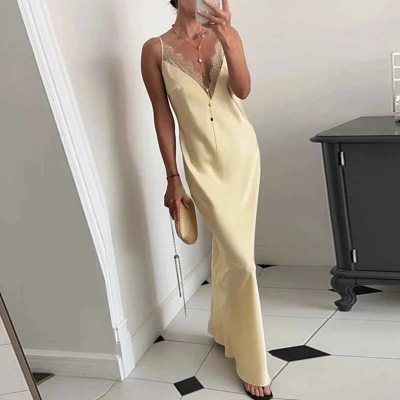 Elegant Lace Satin Spliced Women's Summer Dress Loose V-neck Sleeveless Backless Long Sundress 2026 Lady Chic Beach Party Robes