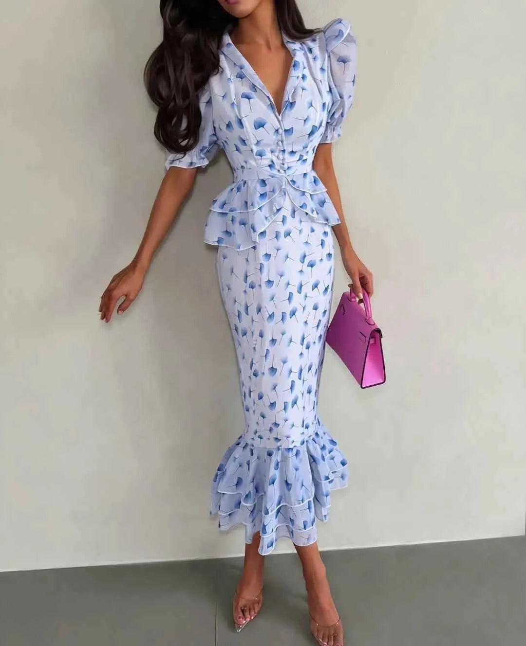 Printed V-neck Waist Cinched Pleated Dress Lapel Short Sleeve High Waisted Maxi Dresses Elegant Women's Summer New Vestidos