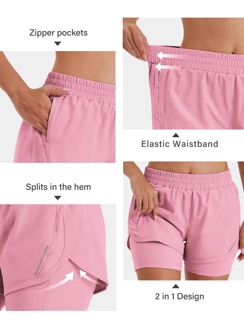 Women's 2-in-1 Casual Sports Shorts Running Shorts High Waist Sports Gym Sports Shorts with Lined Zipper Pockets