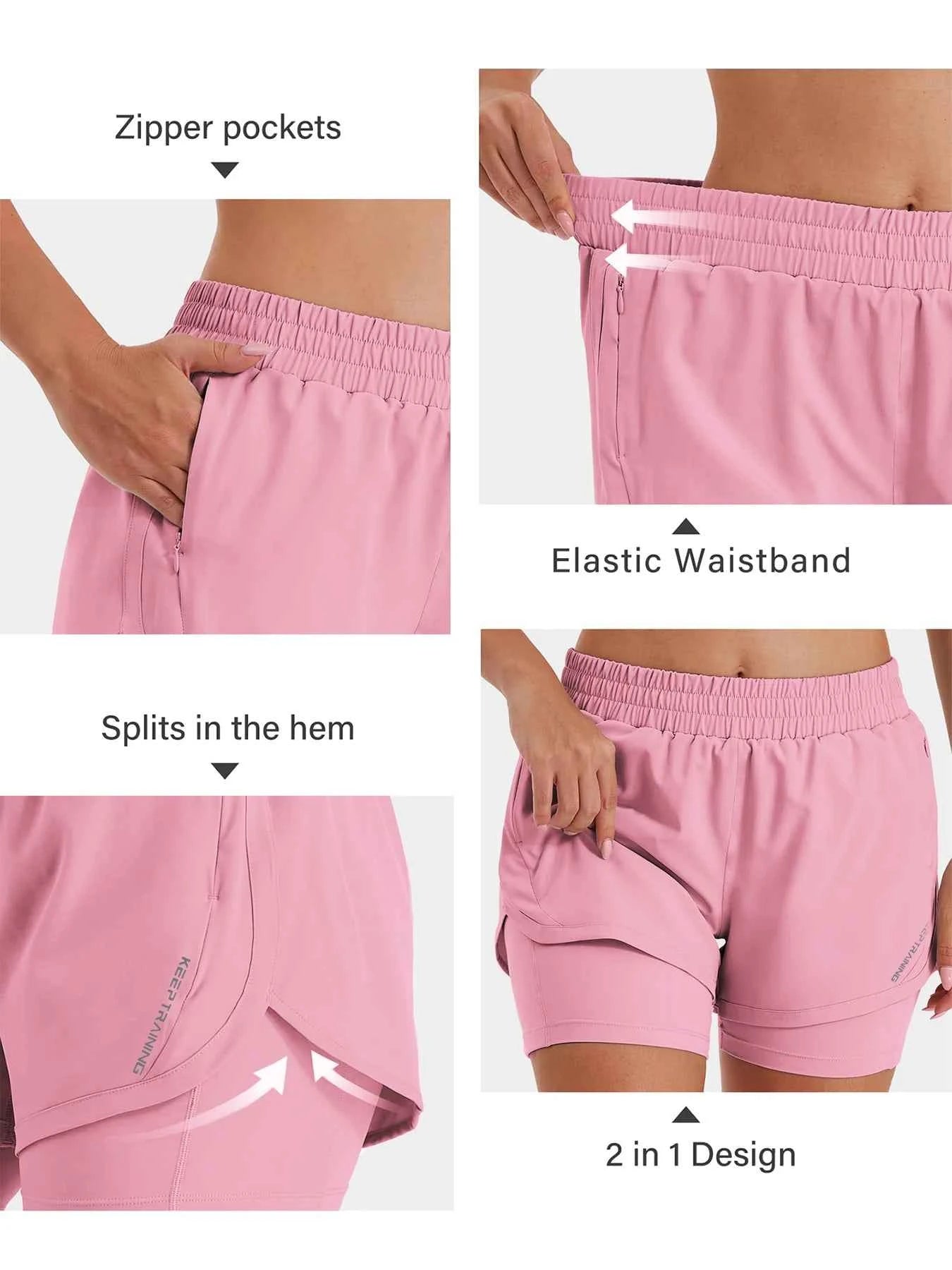 Women's 2-in-1 Casual Sports Shorts Running Shorts High Waist Sports Gym Sports Shorts with Lined Zipper Pockets