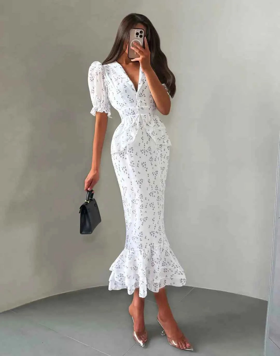 Printed V-neck Waist Cinched Pleated Dress Lapel Short Sleeve High Waisted Maxi Dresses Elegant Women's Summer New Vestidos