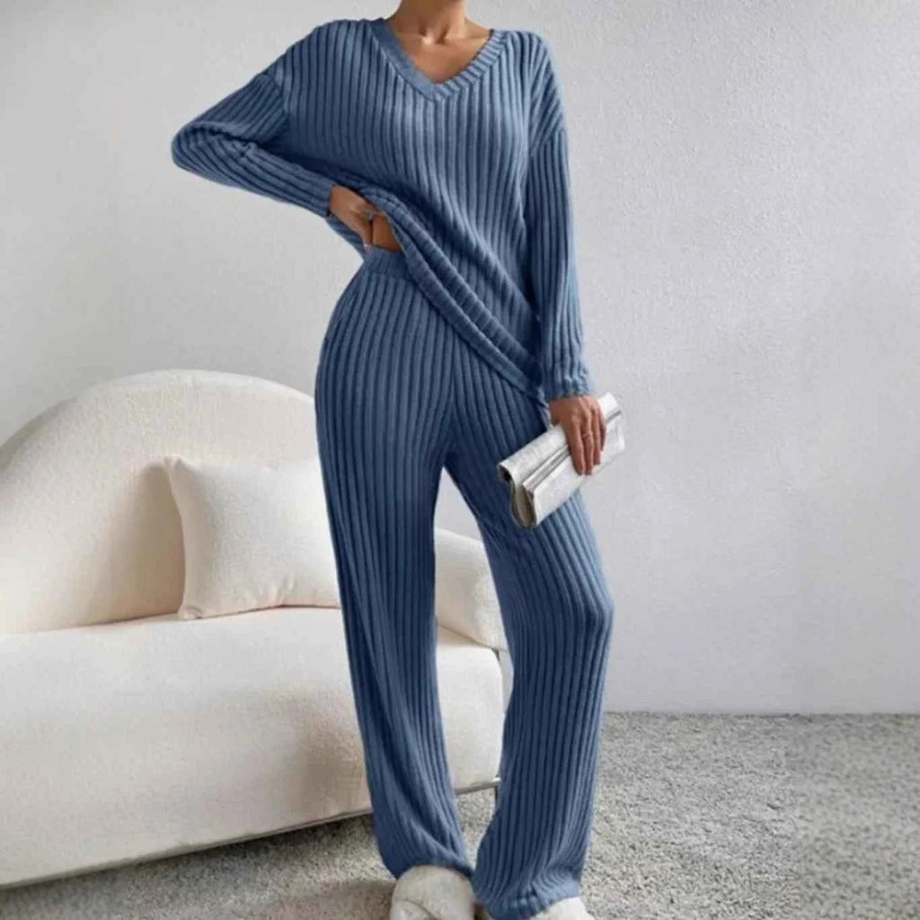 Fashionable Knitted Two-Piece Set Casual V-Neck Long Pants Autumn Winter New Style Loose Fit Korean Style Comfortable Polyester