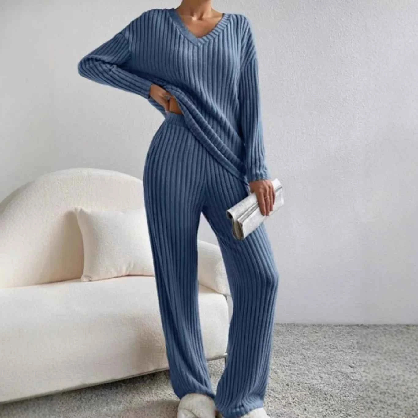 Fashionable Knitted Two-Piece Set Casual V-Neck Long Pants Autumn Winter New Style Loose Fit Korean Style Comfortable Polyester