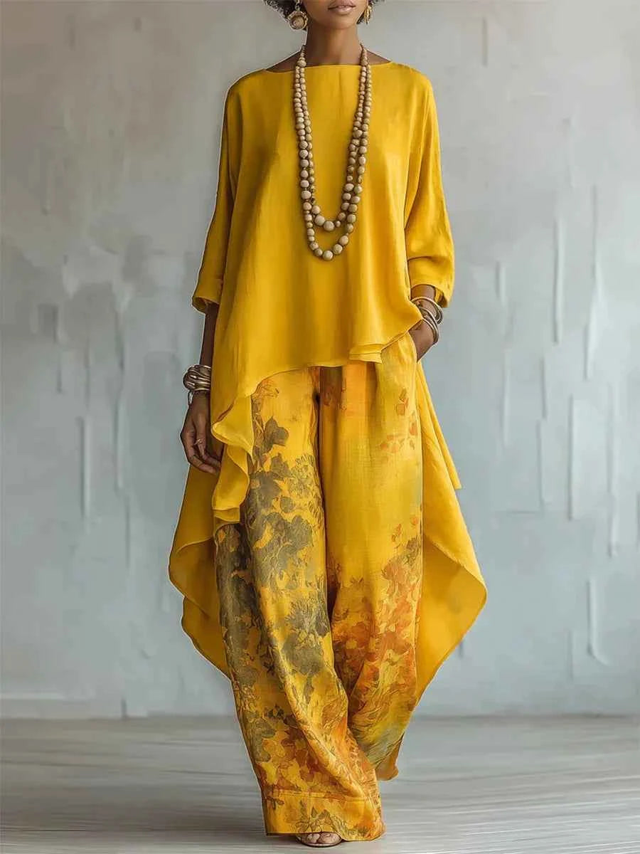 Casual Two Piece Set Loose O-neck 3/4 Sleeve Irregular Solid Color Extended Top Printed Wide Leg Pants Suit Fashion Commuting
