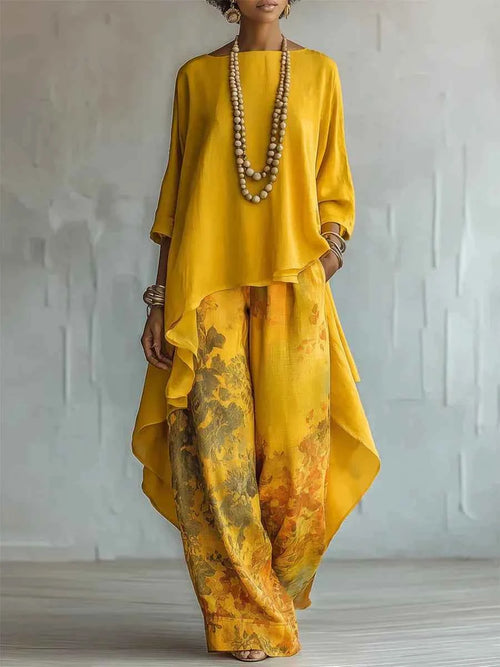 Casual Two Piece Set Loose O-neck 3/4 Sleeve Irregular Solid Color Extended Top Printed Wide Leg Pants Suit Fashion Commuting