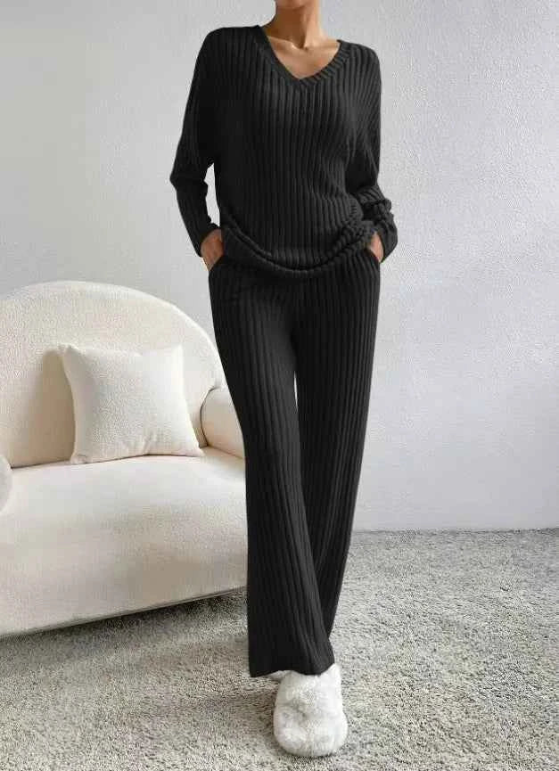 Fashionable Knitted Two-Piece Set Casual V-Neck Long Pants Autumn Winter New Style Loose Fit Korean Style Comfortable Polyester