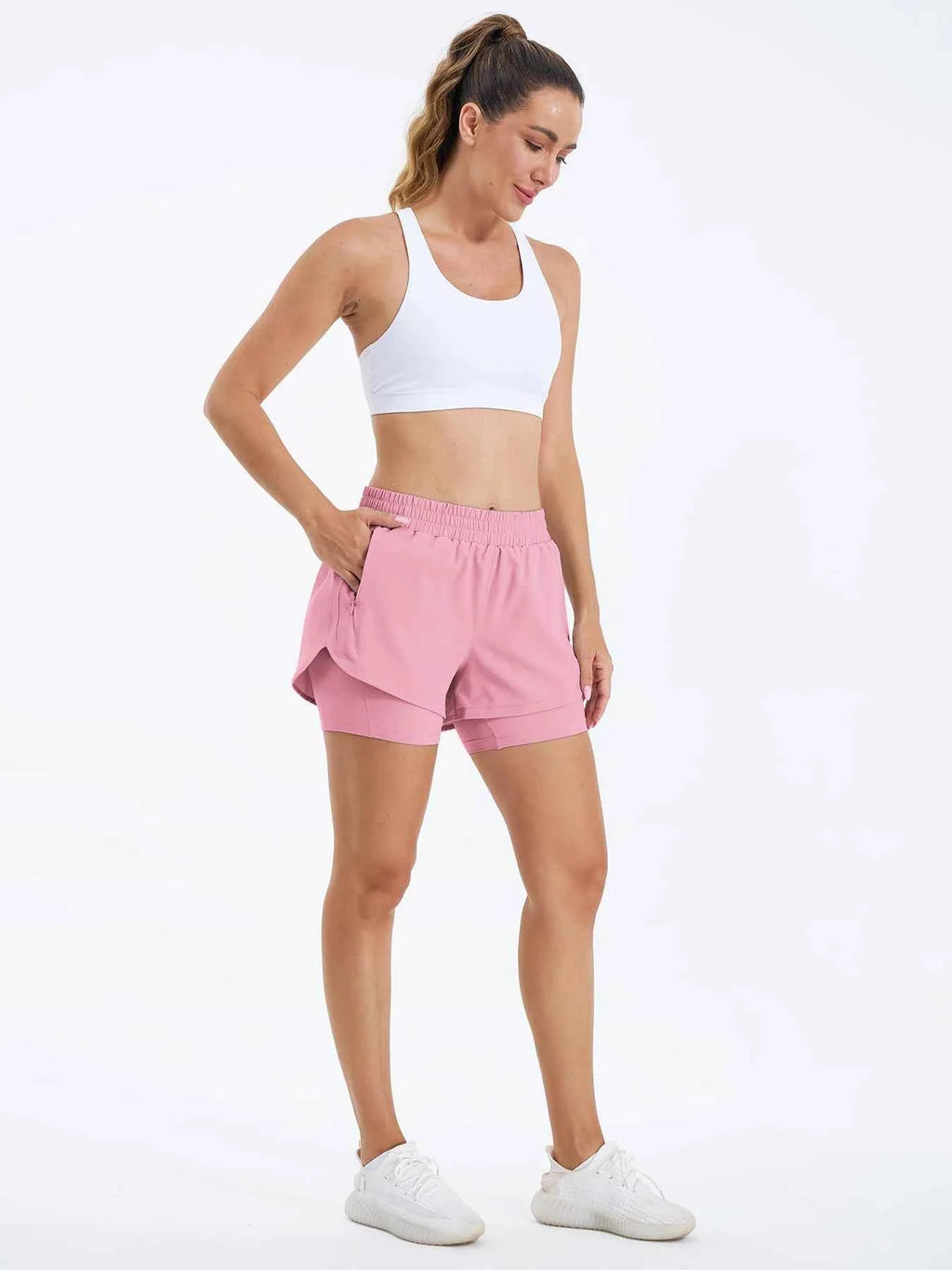 Women's 2-in-1 Casual Sports Shorts Running Shorts High Waist Sports Gym Sports Shorts with Lined Zipper Pockets