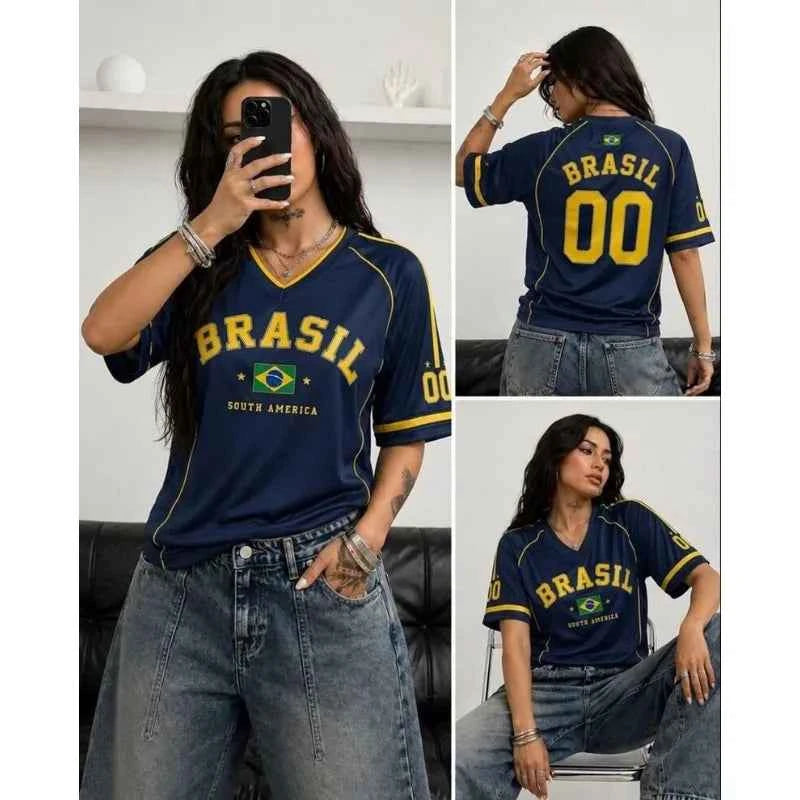 Women Brasil 00 Soccer Jersey Retro V-Neck Short Sleeve Breathable Mesh Loose Fit Y2K Streetwear Casual Football Shirt