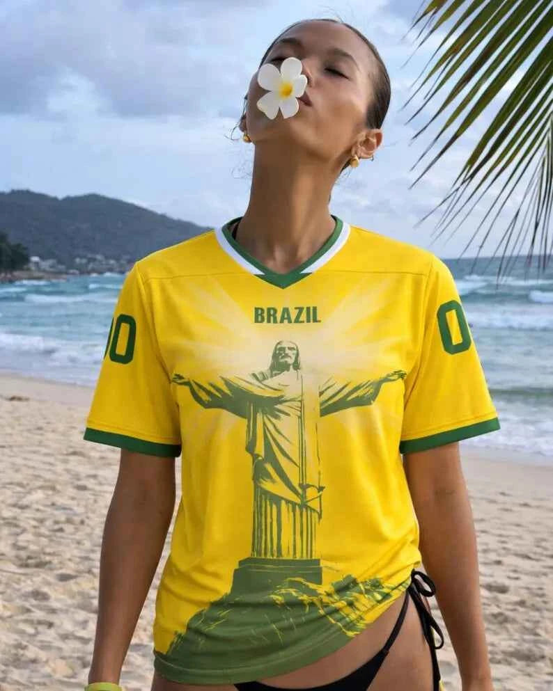 Women Brasil 00 Soccer Jersey Retro V-Neck Short Sleeve Breathable Mesh Loose Fit Y2K Streetwear Casual Football Shirt
