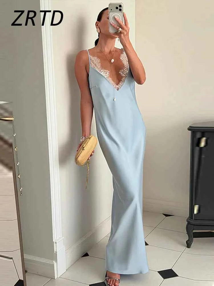 Elegant Lace Satin Spliced Women's Summer Dress Loose V-neck Sleeveless Backless Long Sundress 2026 Lady Chic Beach Party Robes