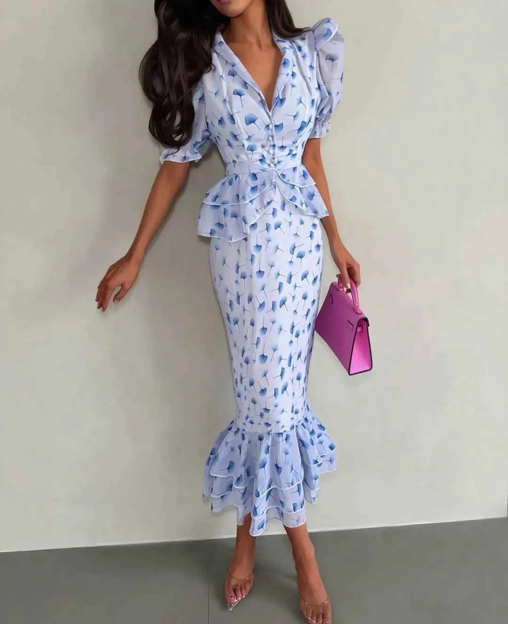 Printed V-neck Waist Cinched Pleated Dress Lapel Short Sleeve High Waisted Maxi Dresses Elegant Women's Summer New Vestidos