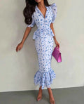 Printed V-neck Waist Cinched Pleated Dress Lapel Short Sleeve High Waisted Maxi Dresses Elegant Women's Summer New Vestidos
