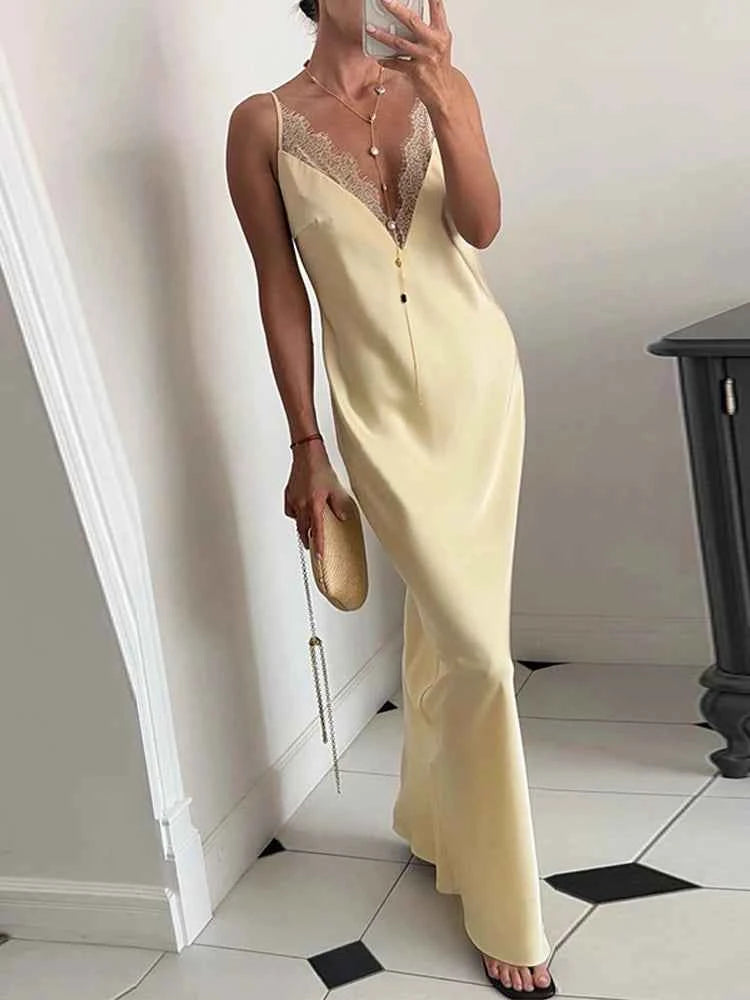 Elegant Lace Satin Spliced Women's Summer Dress Loose V-neck Sleeveless Backless Long Sundress 2026 Lady Chic Beach Party Robes