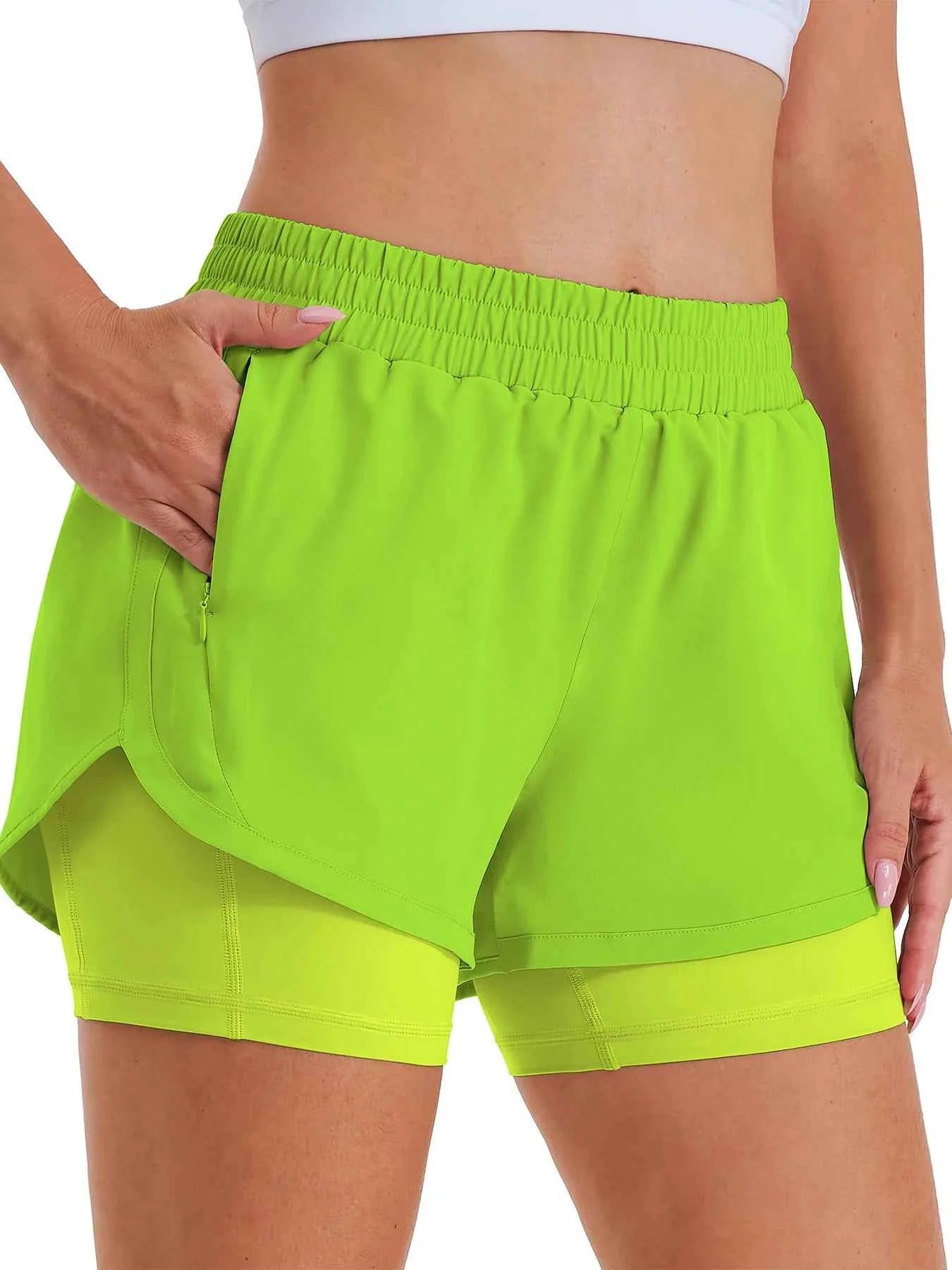 Women's 2-in-1 Casual Sports Shorts Running Shorts High Waist Sports Gym Sports Shorts with Lined Zipper Pockets